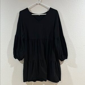 Black V-Neck Bishop Sleeve Knee-Length Dress